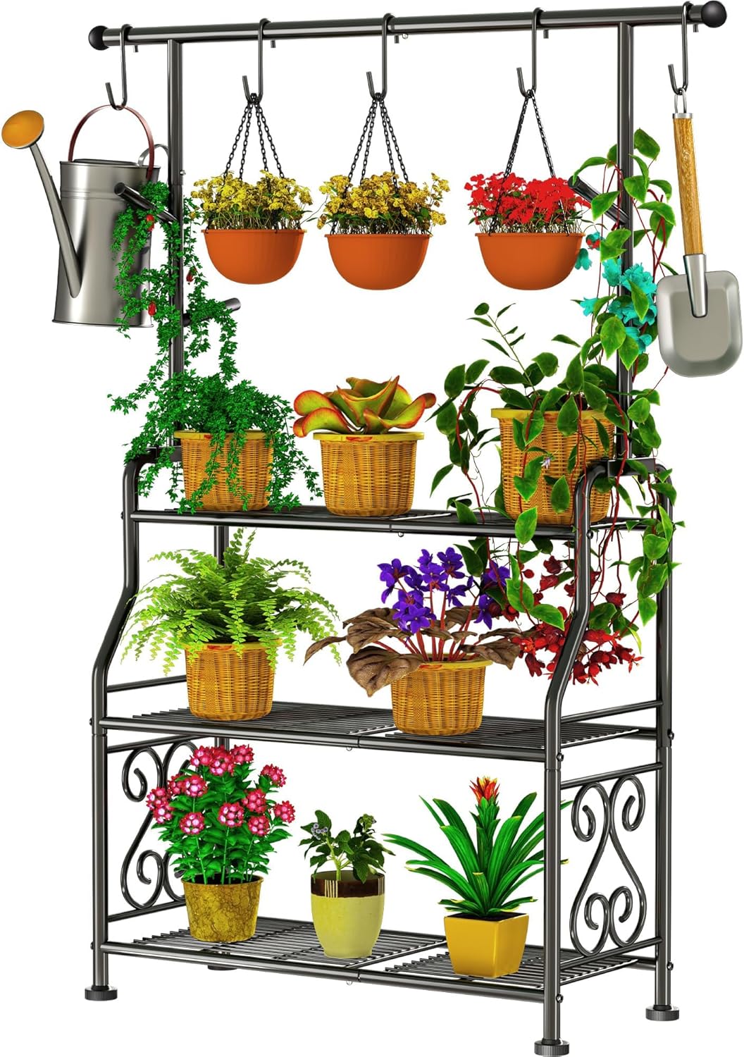 GIOTORENT Plant Stand Indoor, 3-Tier Heavy Duty Metal Shelf for Patio & Indoor, Tall Plant Holds 14+ Plants with 5 Hooks, Rust-Proof Plant Holder for Garden, Balcony, Living Room, Black