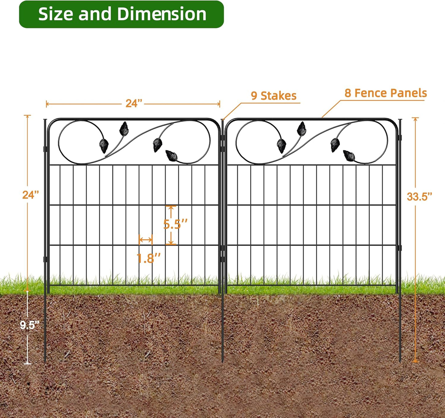 Decorative Black Garden Fencing 24in(H) X16ft(L) 8 Panels Metal Wire Edging Patio Landscape Flower Border Garden Fence for Dogs Animal Barrier for Outdoor