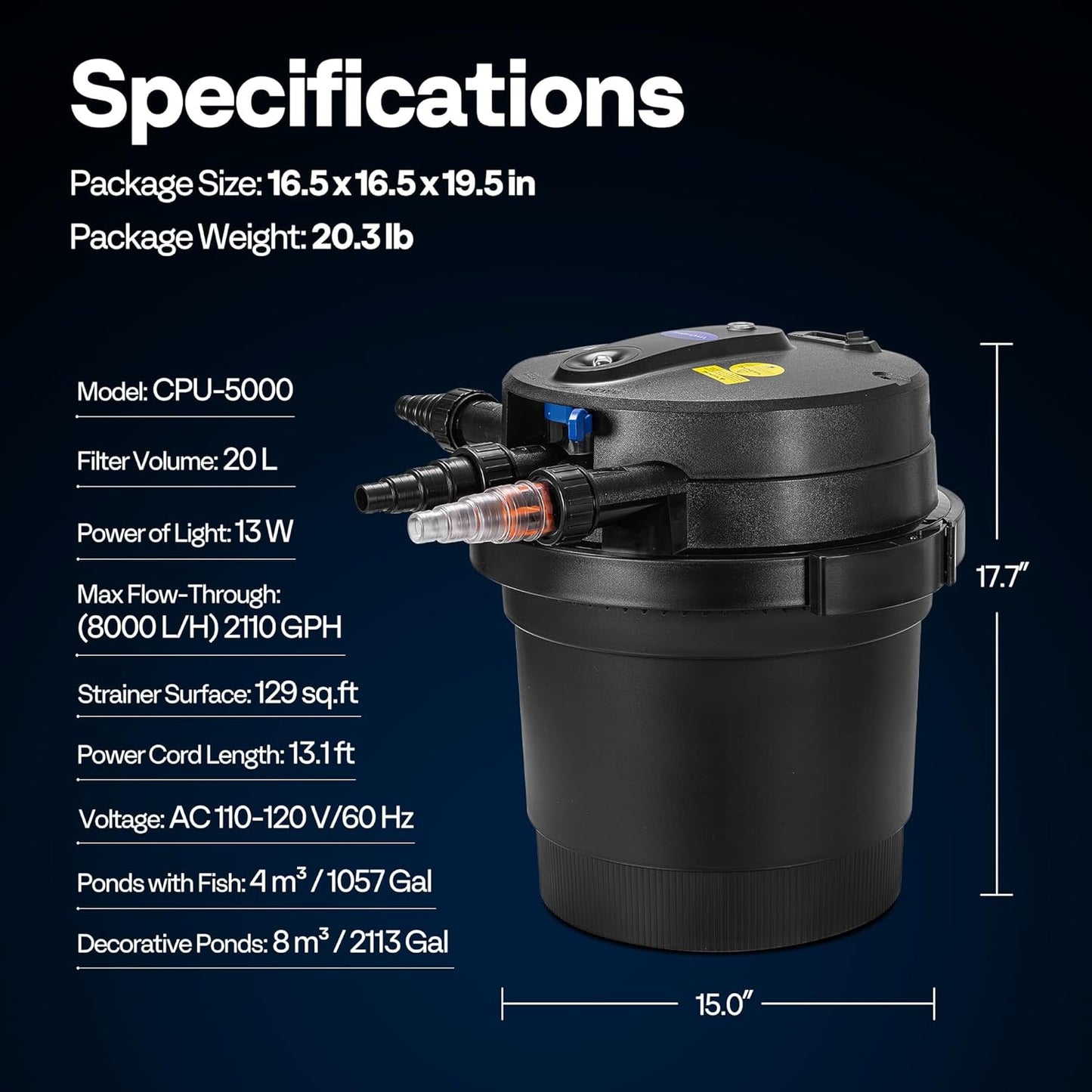 VIVOHOME 2110GPH Auto-Cleaning Pressurized Bio Pond Filter with 13W Light, Timer, Multi-Size Adapters for Koi Ponds up to 1057 Gallons or Ornamental Ponds up to 2113 Gallons