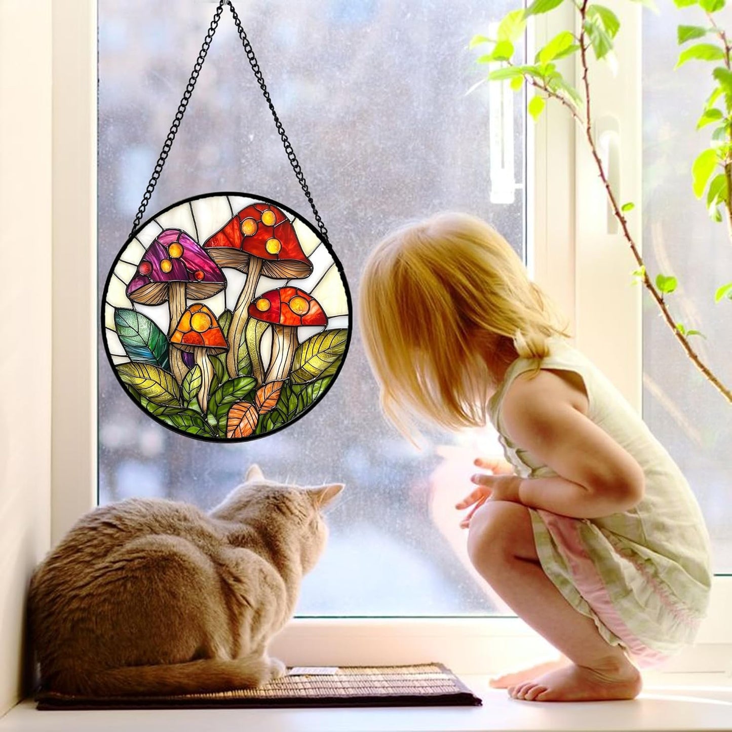 Stained Glass Window Hanging, Mushroom Leaves Suncatcher for Doors Home Sun Catchers Decoration and Christmas, Mother's Day Birthday Gifts for Women, Men, and Mom 11.8x11.8 in