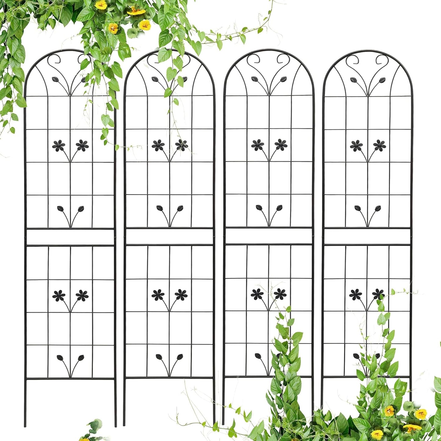 4 Pack Metal Garden Trellis 86.7" Tall Outdoor Climbing Plant Support for Roses, Flowers, Rustproof Durable Black Galvanized Tube, Lawn Garden Fence Decor Screen (4, Daisy-86.7" H)