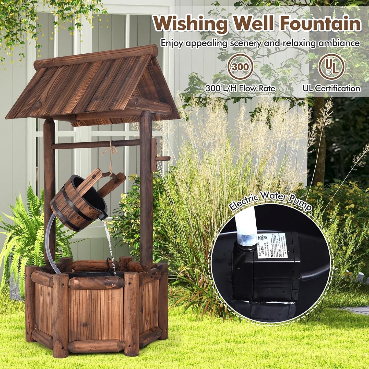 Tangkula Outdoor Wishing Well Water Fountain, Old-Fashioned Wood Waterfall Fountain w/Bucket Pump, Rustic Farmhouse Decoration for Garden, Backyard, 46 Inch Tall (20" x 23" x 46")