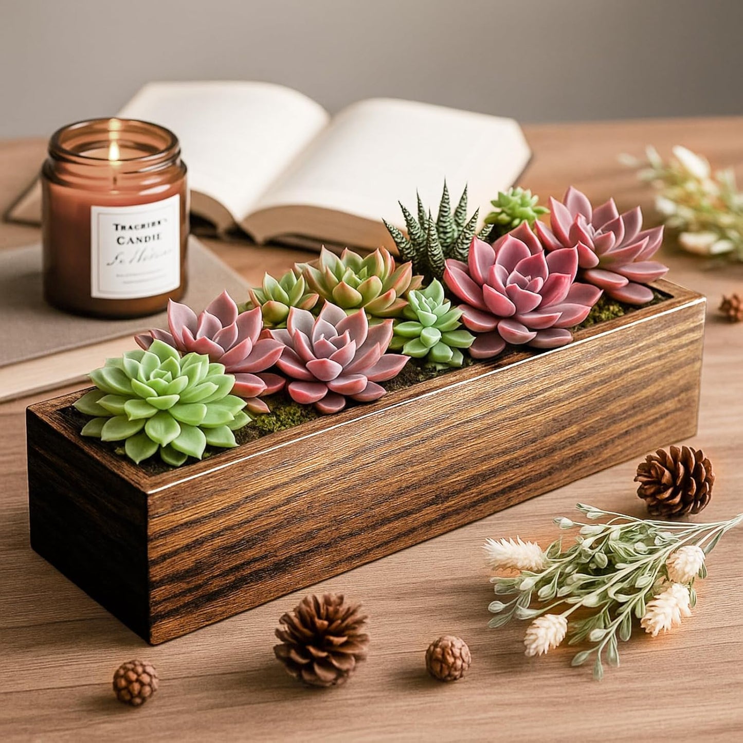 Dandat 3 Set Wood Boxes for Centerpieces 12x4 Inch Rectangle Wooden Planter Box Rustic Wood Planter with Removable Plastic Liner Floral Foam Blocks for Centerpieces Home Wedding Garden Decor