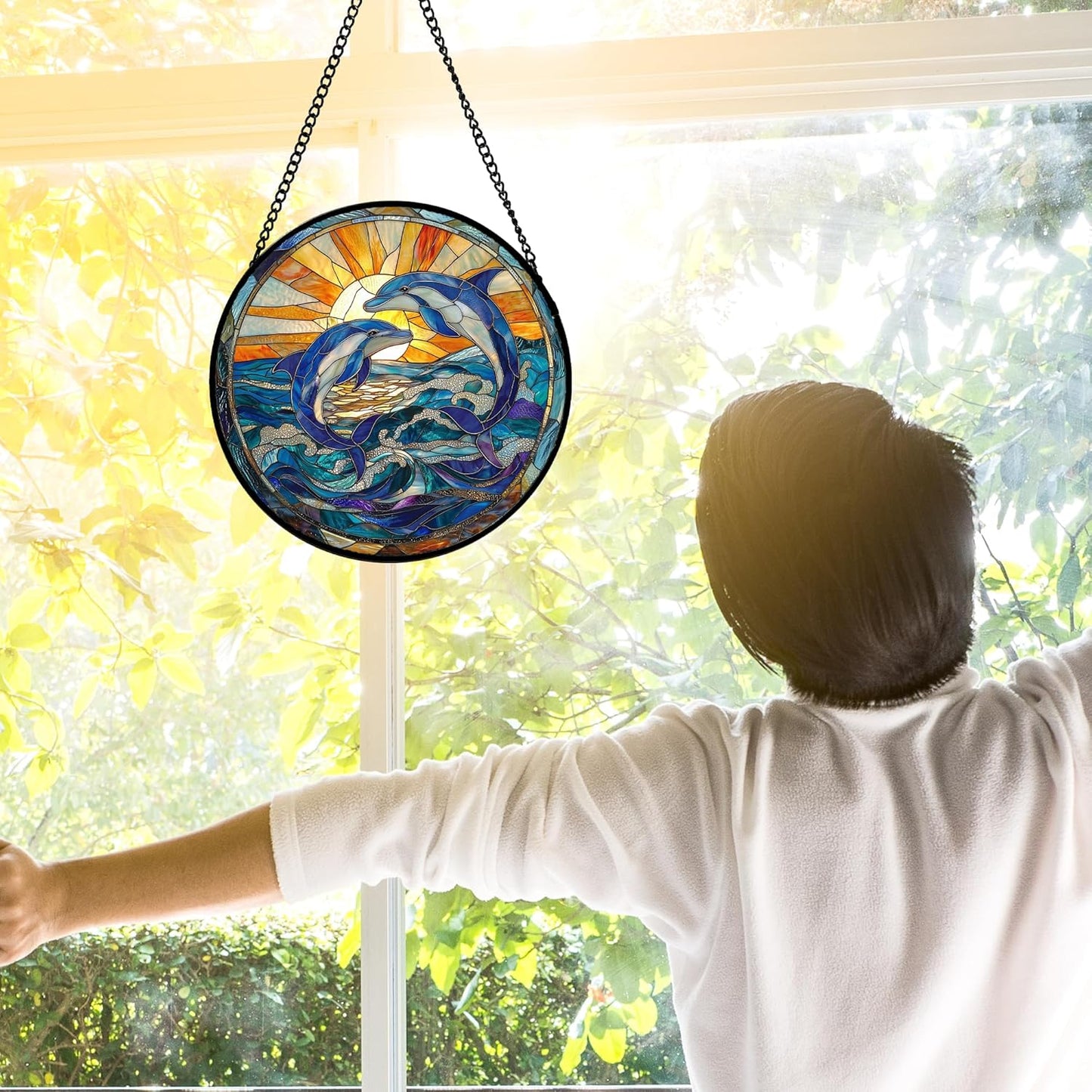 Stained Glass Window Hanging, Blue Dolphin Sun Catchers Colorful Glass Panel Sunrise Sea View Suncatcher Decor for Birthday for Women, Men, Wife, Aunt, and Mom 6.3 in