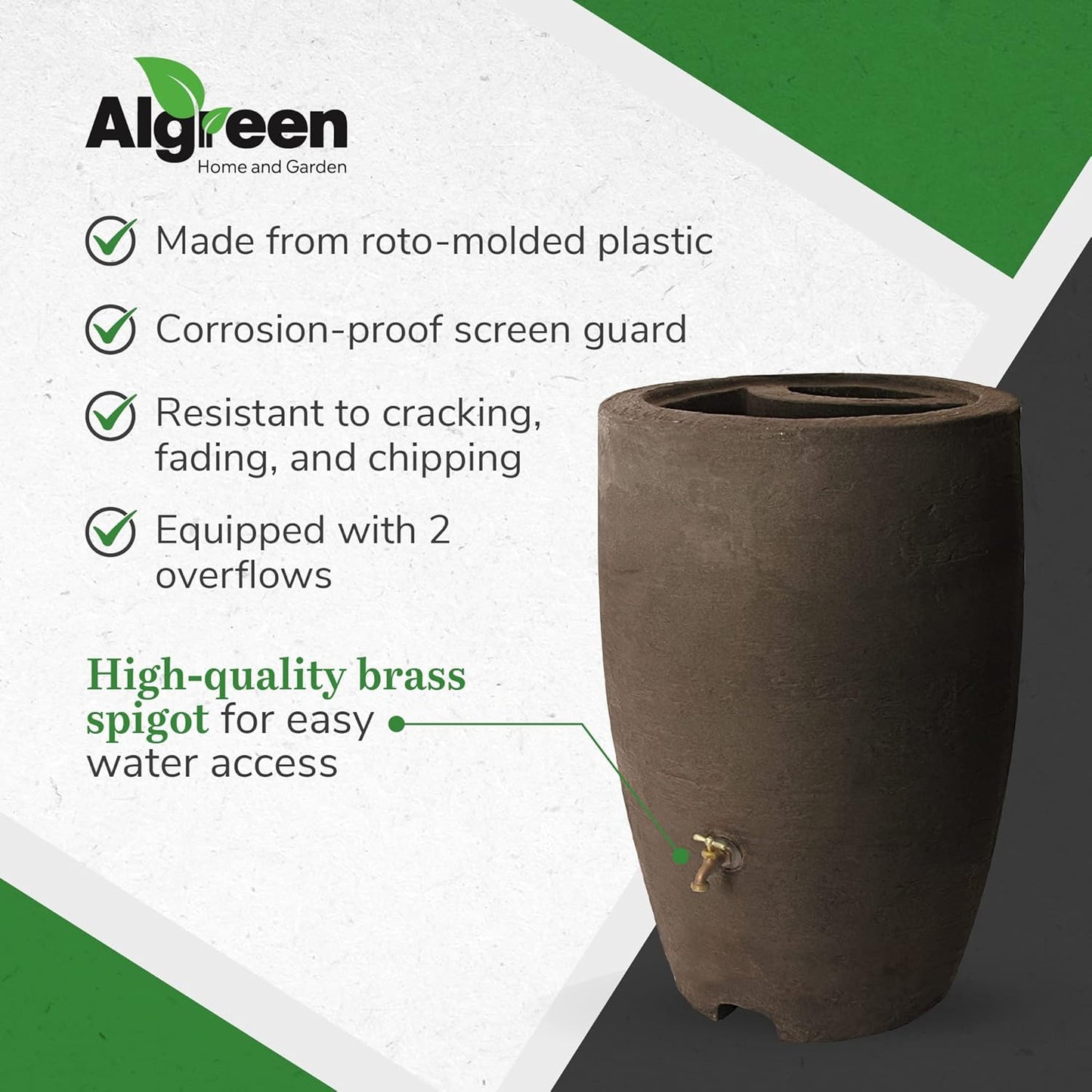 Algreen Athena 50 Gallon Plastic Outdoor Rain Barrel with Brass Spigot, Screen Guard for Rain Water Collection and Storage, Brown (2 Pack)
