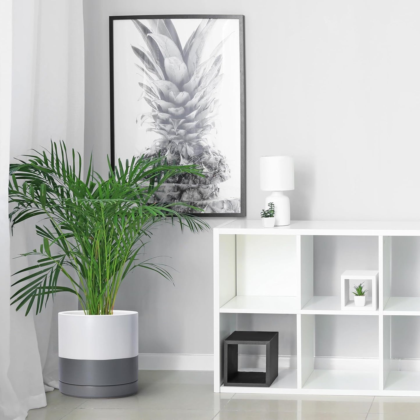 D'vine Dev Set of 2 Plants Pots, 10 Inch Ceramic Planter Pot for Plants with Drainage Hole and Saucer, White/Speckled Grey, 94-V-E-6