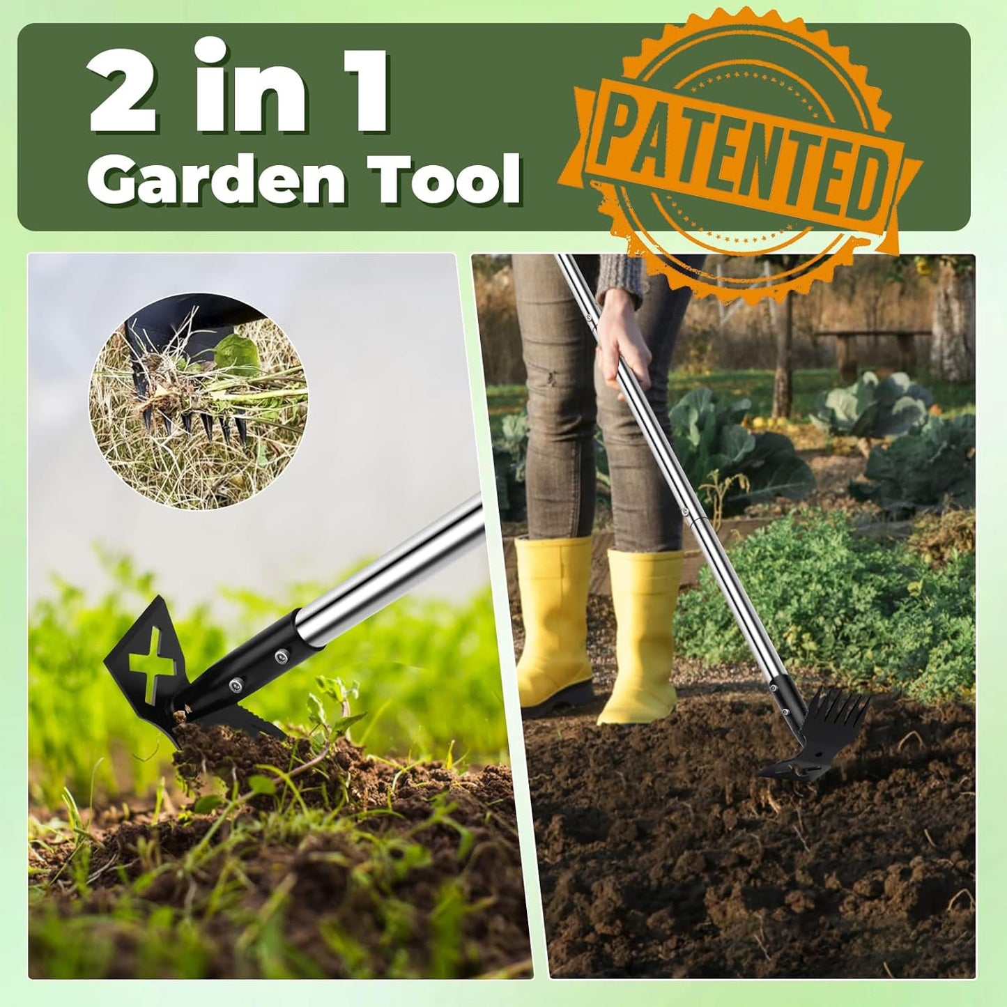 Weed Puller Tool with Long Handle, 60" Manual Weeding Tools Gardening, 2 in 1 Hand Weed Rake and Hoe Garden Weeder Tool, Uprooting Pulling Weed Remover Tool for Yard, Patio, Lawn and Garden