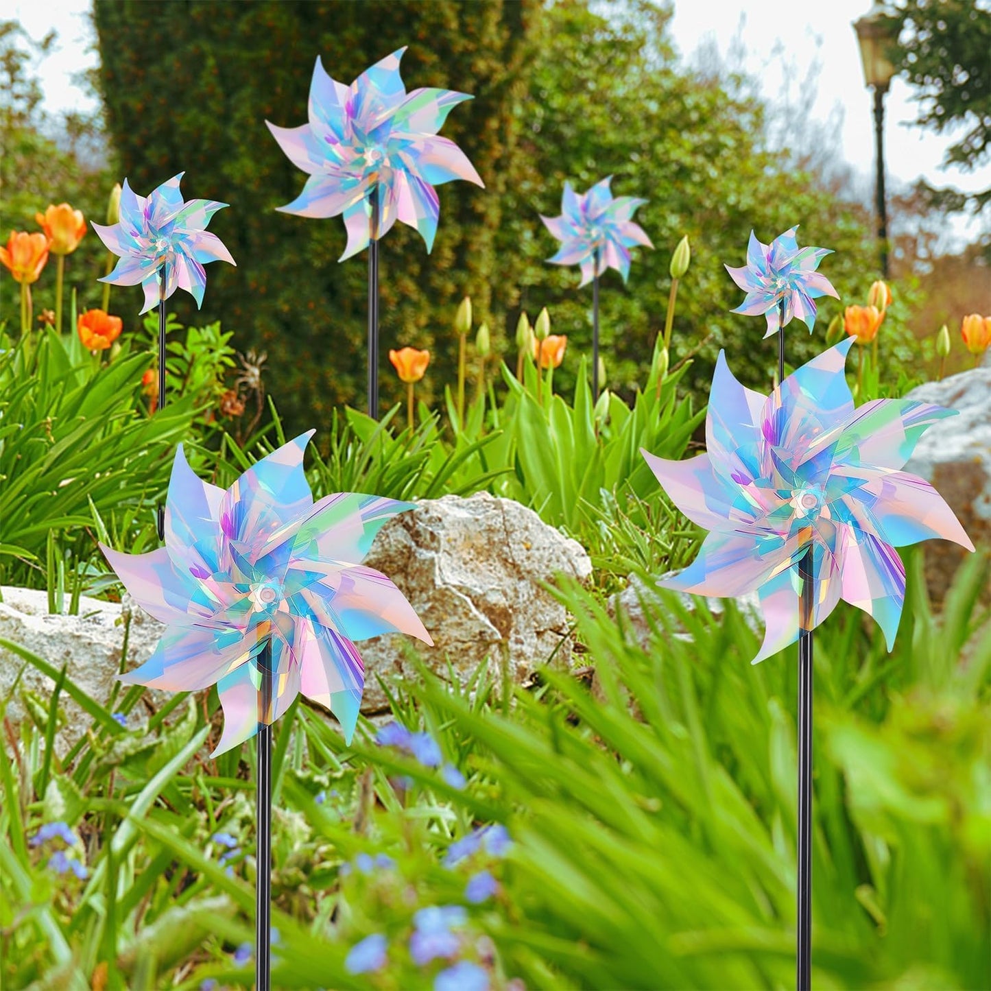 Hausse 10 Pack Reflective Pinwheels Wind Spinner, Extra Sparkly Pinwheel with Stakes, Bird Repellent Blinder Devices Deterrent to Scare Birds Away from Yard Patio Farm Garden, Transparent Rainbow