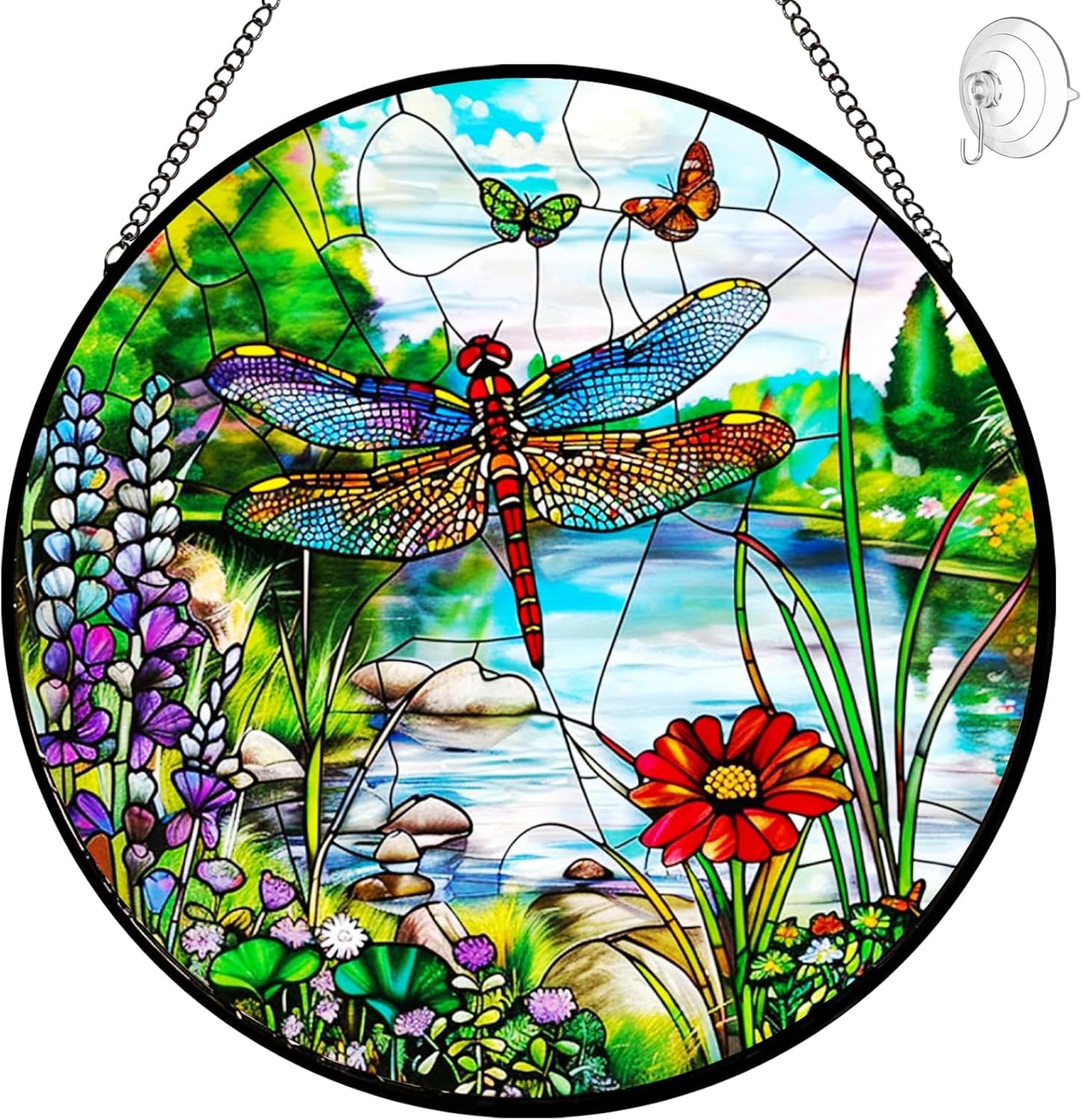 Dragonfly Suncatcher Stained Glass Window Hanging - 8″ Handmade Stained Glass Suncatchers for Windows Hanging - Sun Catchers Indoor Wall Art Catcher for Home Garden Decor -Birthday Gift for Women Men