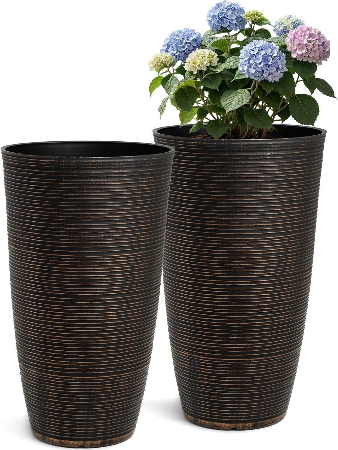 23.5" H Tall Planters, 2-Pack Taper Large Flower Pots for Indoor Outdoor Use, UV-Protect PP Plant Container for Garden Patio Yard Balcony Porch or Home Decor, Bronze Vertical Stripes Texture