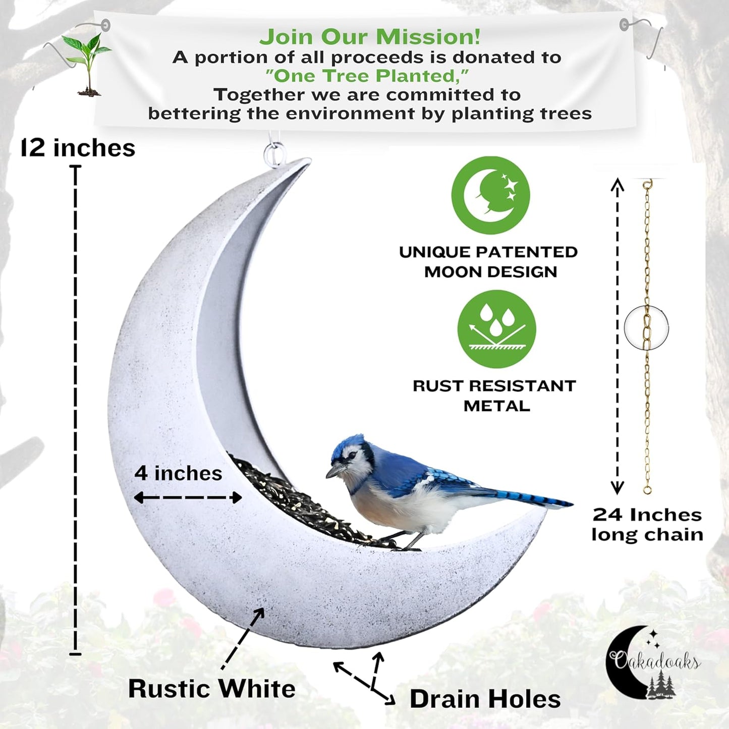 Hanging Moon Bird Feeder – Unique Metal Bird Feeders for Outdoors, Rustic White, Rust-Resistant, Drain Holes – Wild Bird Feeder for Bluebirds, Cardinals, Finches, and Backyard Birdwatching