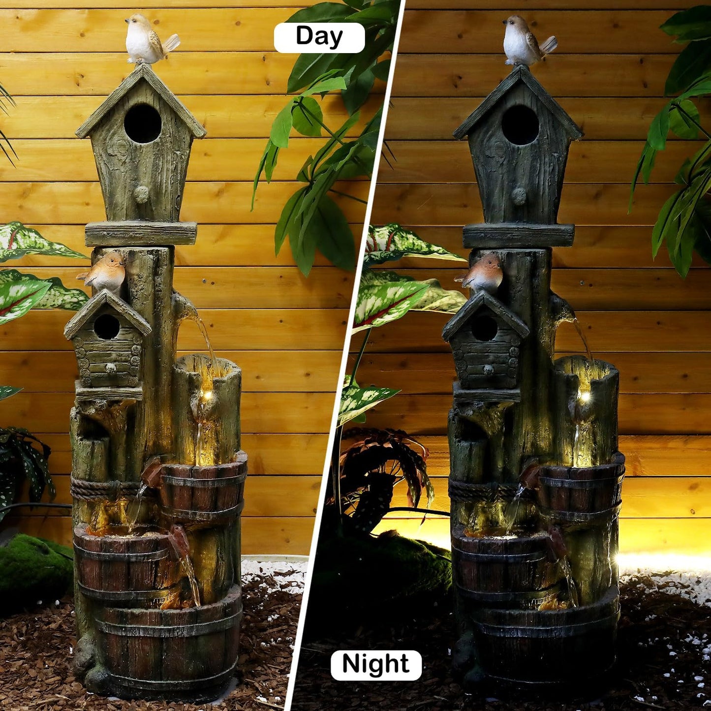 Outdoor Water Fountain with Birdhouse, 39.3inches Rustic Outdoor Water Fountains - Outdoor Cascading Waterfall with Decorative Birds & Buckets, Pump & Lights for Backyard Patio Decor