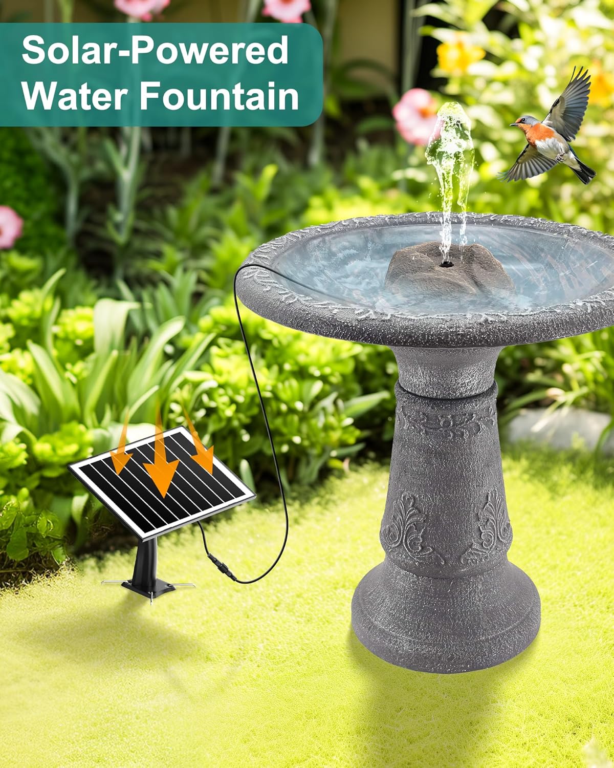 Solar Fountain for Bird Bath with Dry Run Protection Solar Powered Bird Bath Pump with 10 Nozzles,Resin Granite Rock Bird Fountain for Outdoor Water Features,Ponds,Can Cloudy Day Use