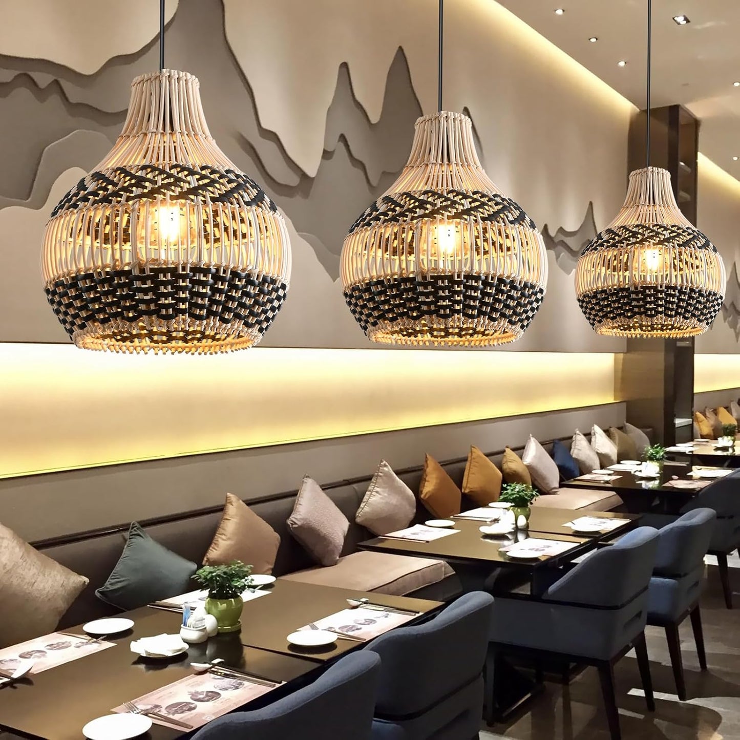 3-Pack Fax Rattan Pendant Light Fixture Mini Hand-Woven Black White Rattan Chandelier 10.24" Boho Wicker Hanging Lamp for Dining Living Bedroom Kitchen Farmhouse