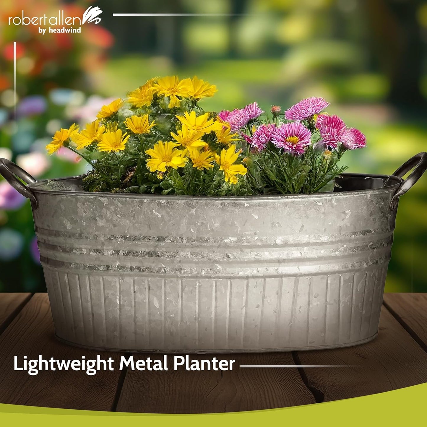 Headwind Oval Galvanized Tubs Planter with Handles – 24 Inch Lightweight Steel Indoor Oval Plant Pot with Drainage Holes – Large Galvanized Tub Flower Bucket – Outdoor Planter by Robert Allen