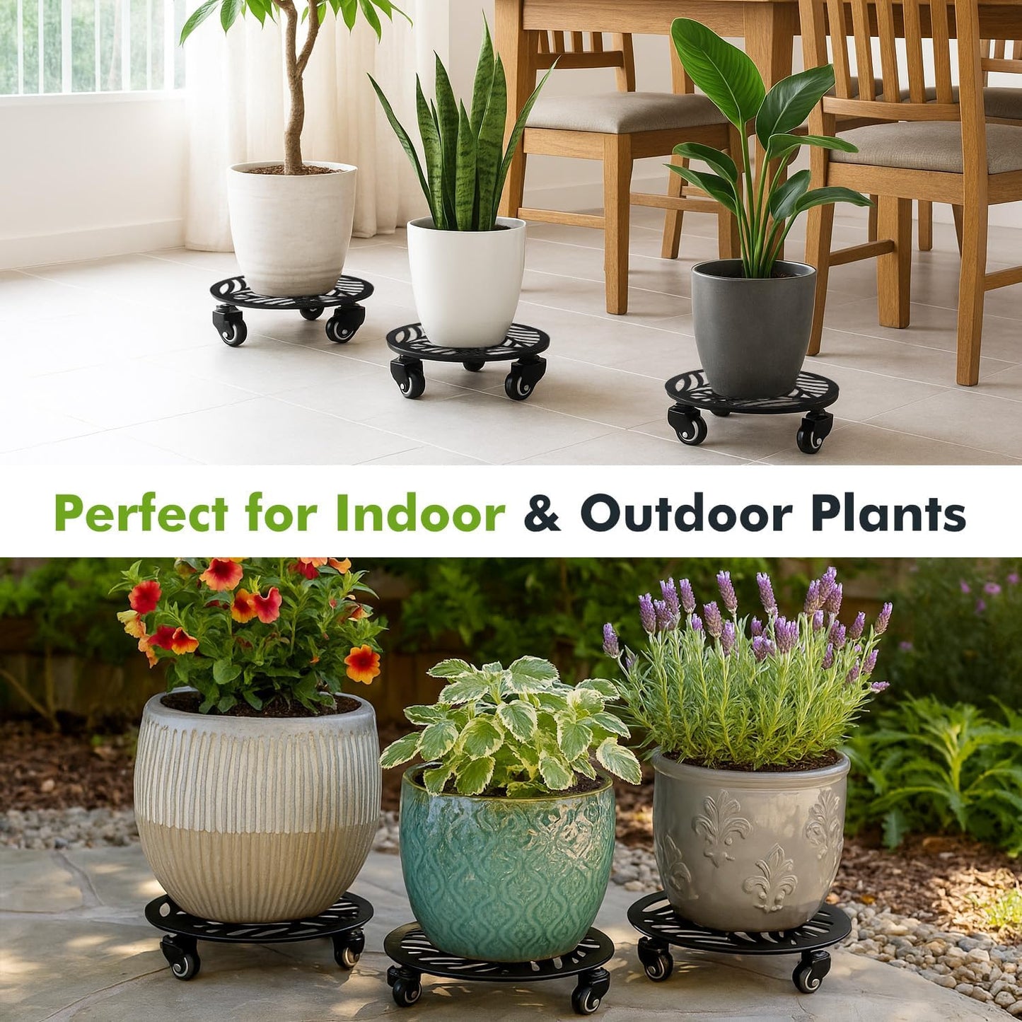 2 Packs Large Metal Plant Caddy with Wheels 14” Heavy-Duty Wrought Iron Rolling Plant Stands with Casters Indoor and Outdoor Plant Pot Roller Base Plant Saucer Movers Black