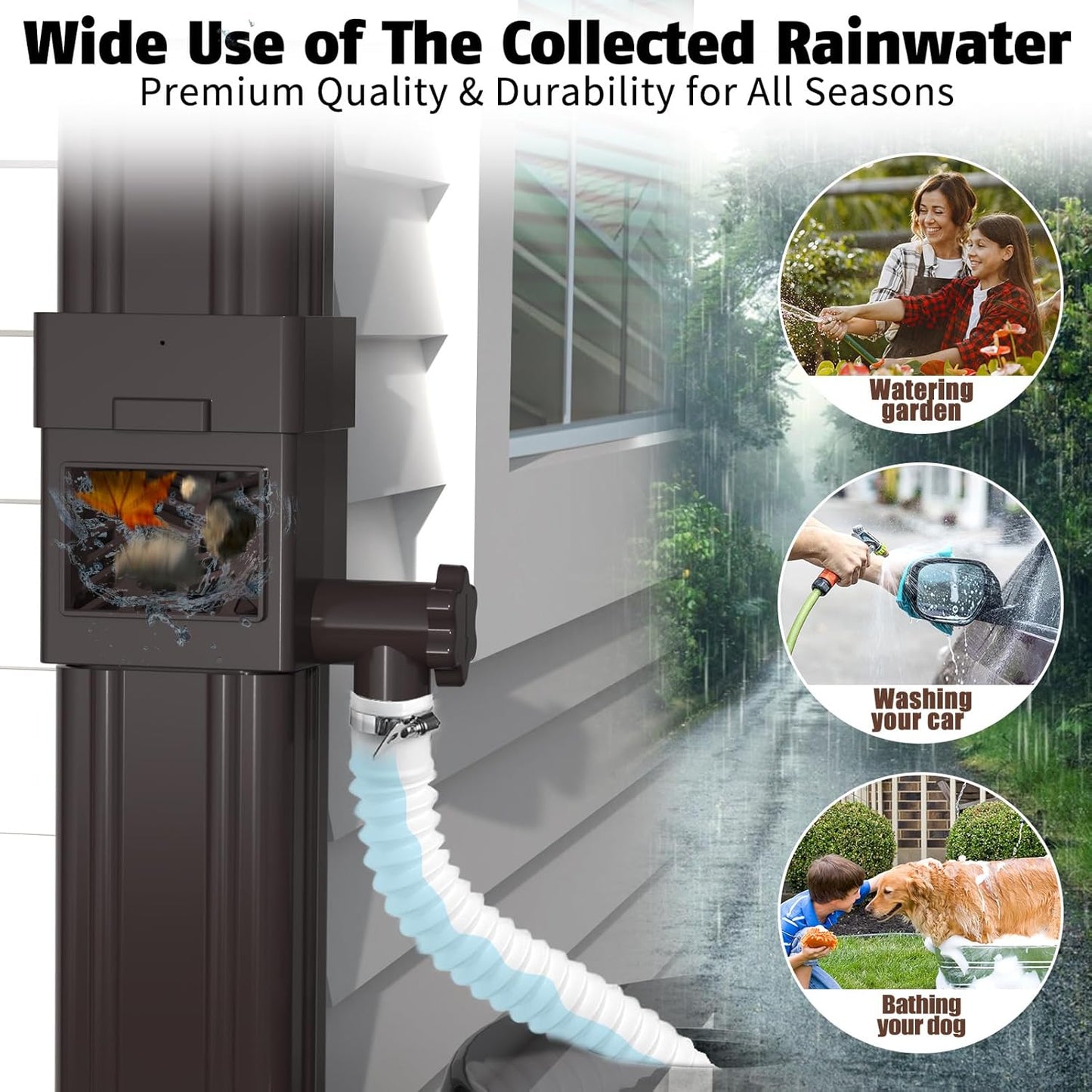 Anivia Rainwater Collection System, Downspout Diverter Fits for 2x3 or 3x4 Inch Standard Downspouts, Rain Barrel Diverter Kit with Adjustable Valve and Filter. 5ft Hose - Brown