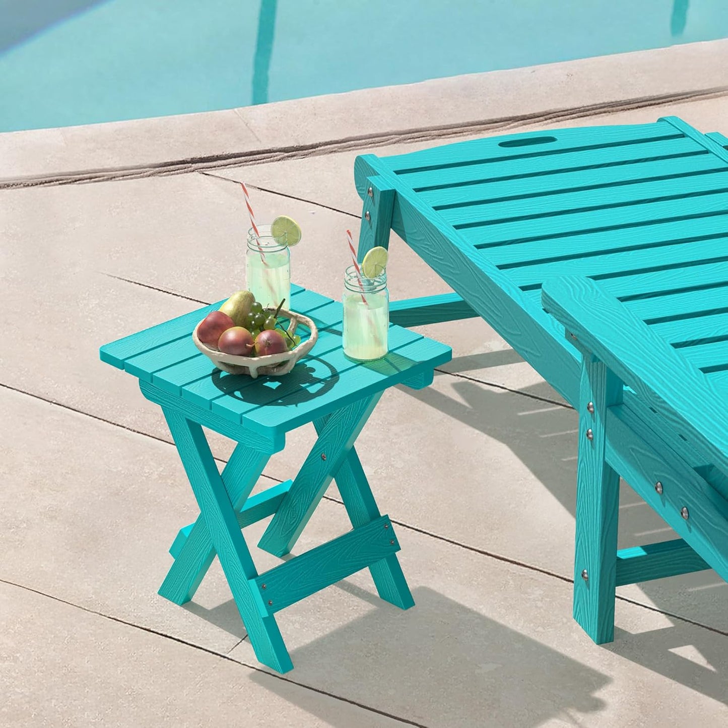 LUE BONA Small Outdoor Folding Side Table, HDPS Outside End Table for Patio, Porch, Deck, Pool, 14 Inch Height, Aruba Blue