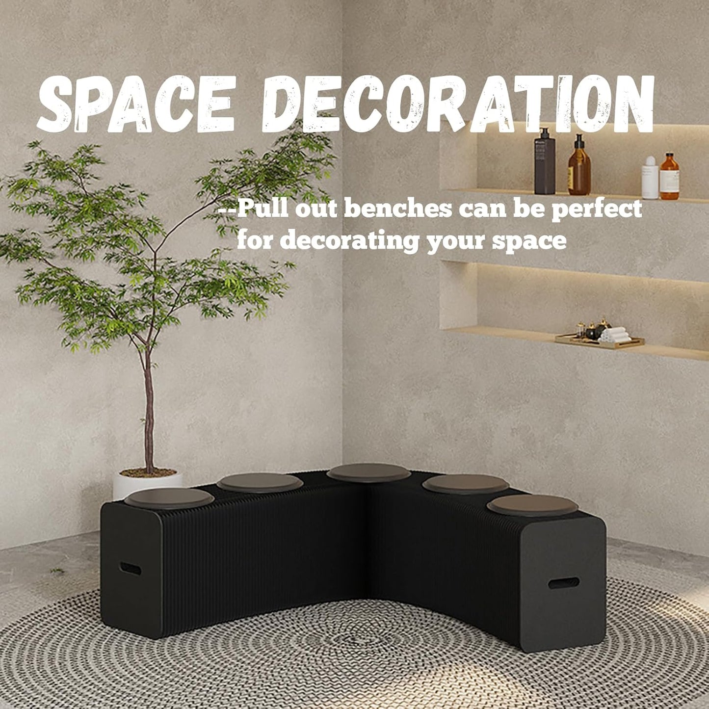 Foldable Kraft Paper Stool, Honeycomb Accordion Folding Bench, Collapsible Paper Stool for Small Spaces, Portable Footrest and Side Table for Living Room and Office,White Black-44×31×600cm