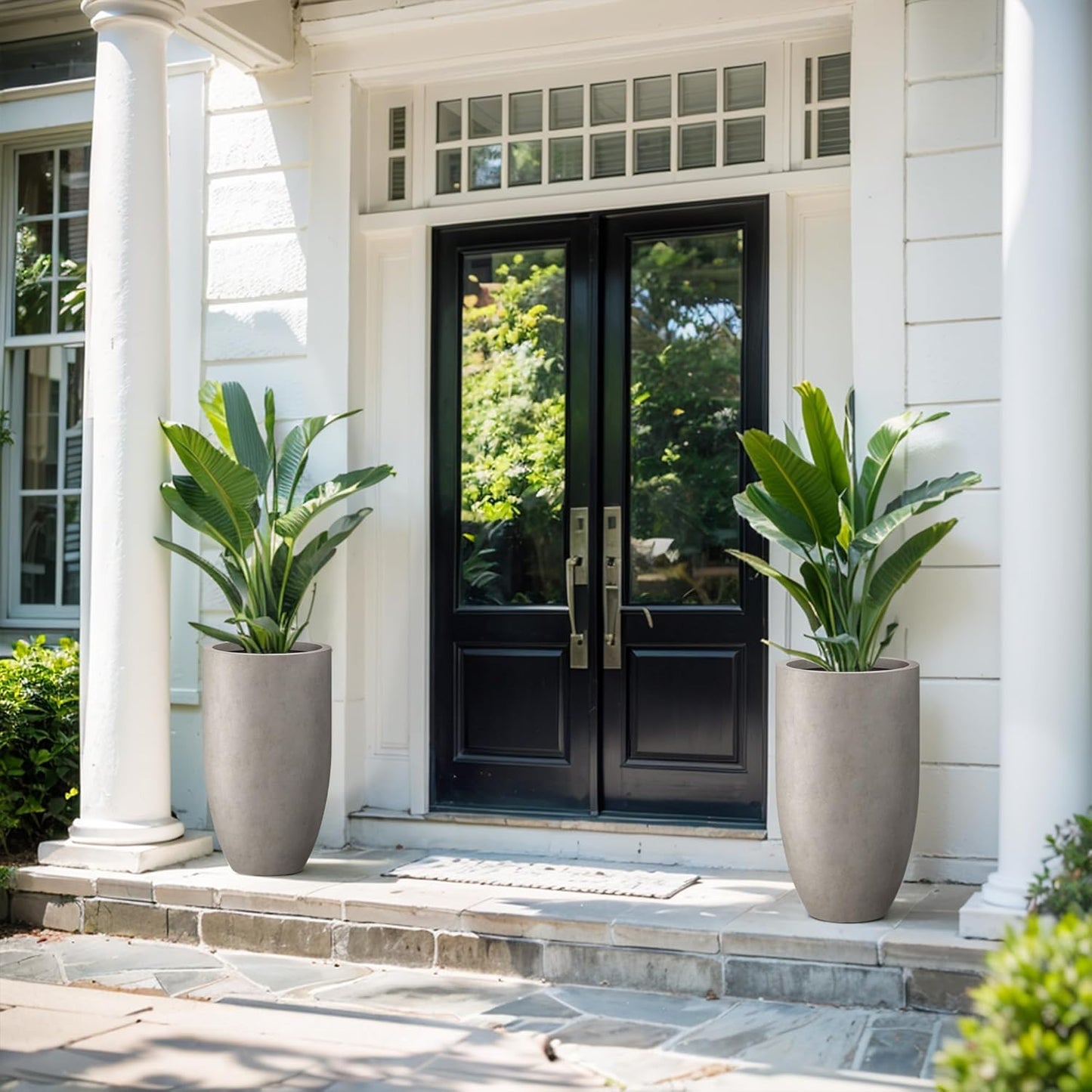 Kante 24 Inch Tall Round Concrete Planter, 2 Pack Large Indoor Outdoor Plant Pots with Drainage Hole and Rubber Plug, Modern Decorative Garden Pots for Home Patio Porch, Weathered Concrete