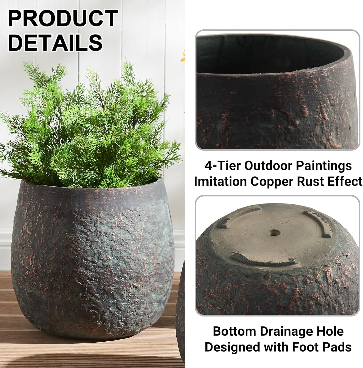 17.3"+12.9"+9.0" Dia Weathered Concrete Flower Pots, Modern Round Style Concrete Planter for Home, Garden, Patio, Courtyard, Bronze Rust Color, Set of 3