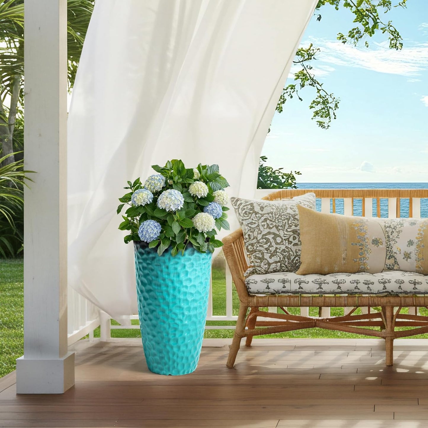 23.75" H Large Tall Outdoor Planters, Set of 2 Plastic Large Flower Pots for Outdoor Plants, with Turquoise Teal Honeycomb Texture, Weather-Resistant for Porch, Garden, Patio or Indoor Use