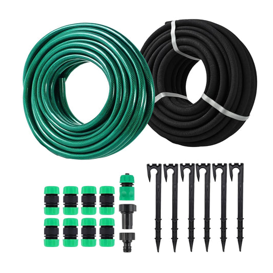Customizable Soaker Hose System, 1/2inch 50ft Rubber Hose with 25ft PVC Garden Hose, Drip Irrigation Watering Hose with Reinforced Fittings for Flowers Bed Foundation, Lawn, Vegetable, Tree