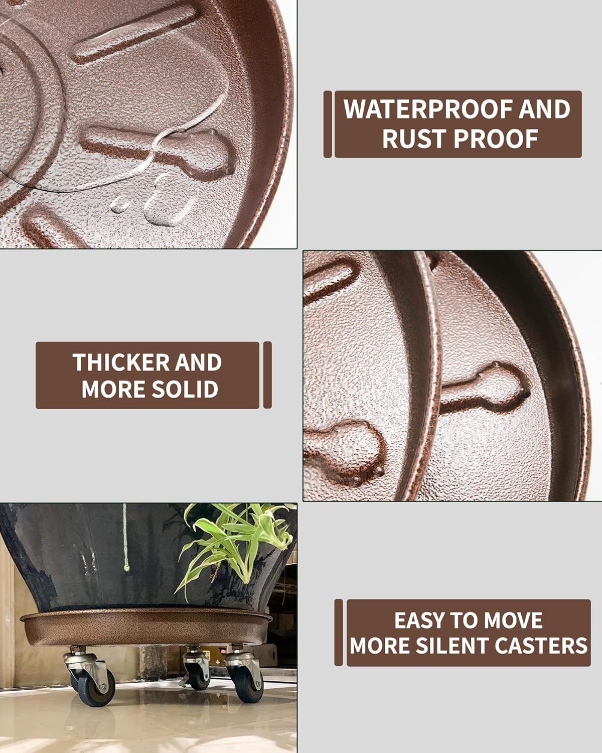 Heavy Duty Plant Caddy with Solid Rubber Wheels, Lockable, Increased Load Capacity, One-Minute Installation, Suitable for Indoor, Outdoor, Patio, Garden Settings, 20 Inches 3PACK, Brown