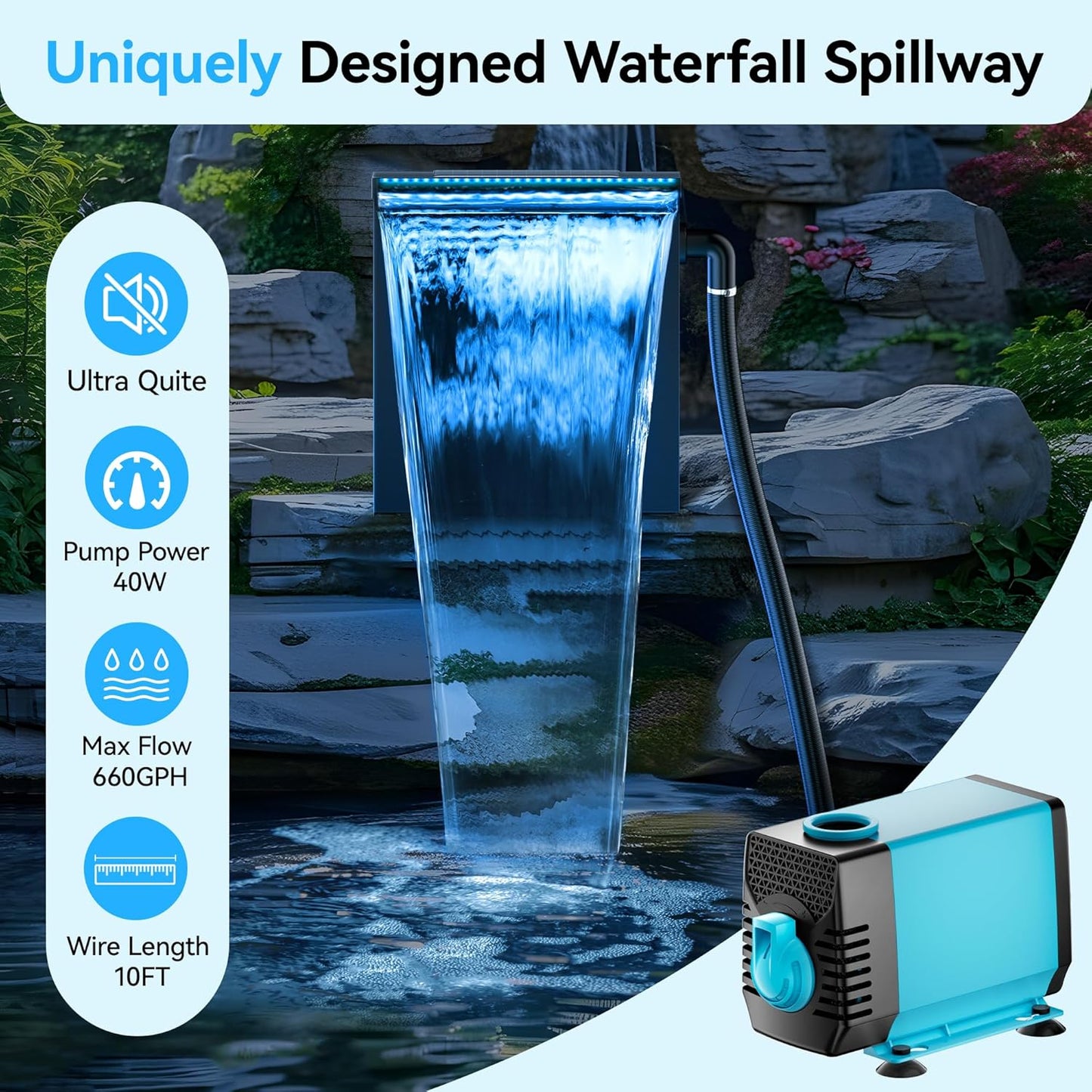 POPOSOAP Pond Waterfall Spillway Kit with LED Lights, 13.4" H x 12" W Stainless Steel Spillway with 660GPH Pond Pump, Filtration, 10FT Corrugated Tubing Waterfall for Water Garden, Backyard, Pool