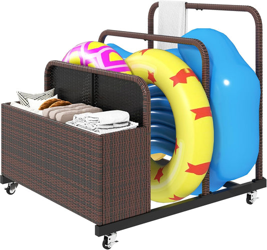 DWVO Pool Float Storage, Pool Storage Bin with PE Rattan,Pool Storage for cushions, Floaties, Noodles, Life Vests, Beach Balls, Patio Furniture (Brown)