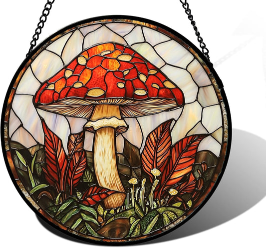 Stained Glass Window Hanging, Big Red Mushroom Suncatcher for Doors Home Sun Catchers Decoration and Christmas, Mother's Day Birthday Gifts for Women, Men, and Mom 9.8 in