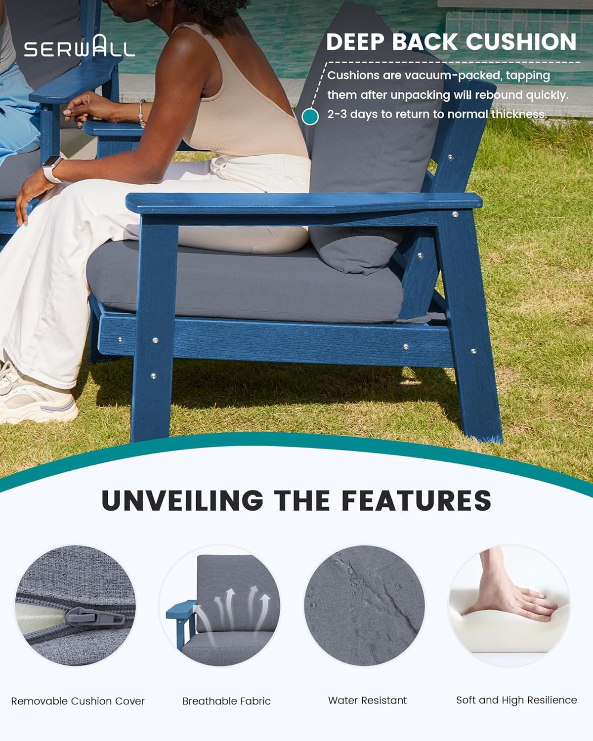 SERWALL HDPE Outdoor Couch Set of 2, Blue Frame and Grey Cushion
