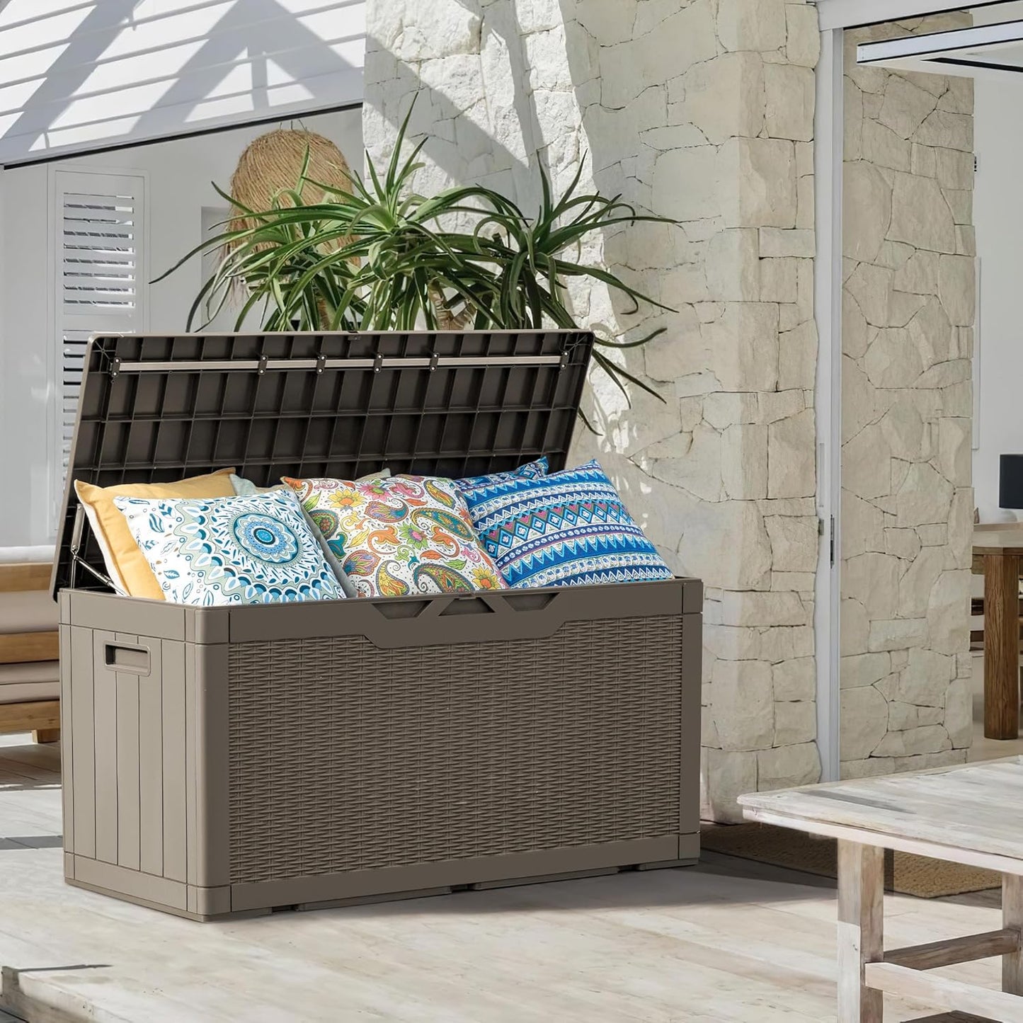 Greesum 100 Gallon Resin Deck Box Large Outdoor Storage Boxes with Cushions for Garden Tools, Patio Furniture Pillows, Pool Supplies, Light Coffee