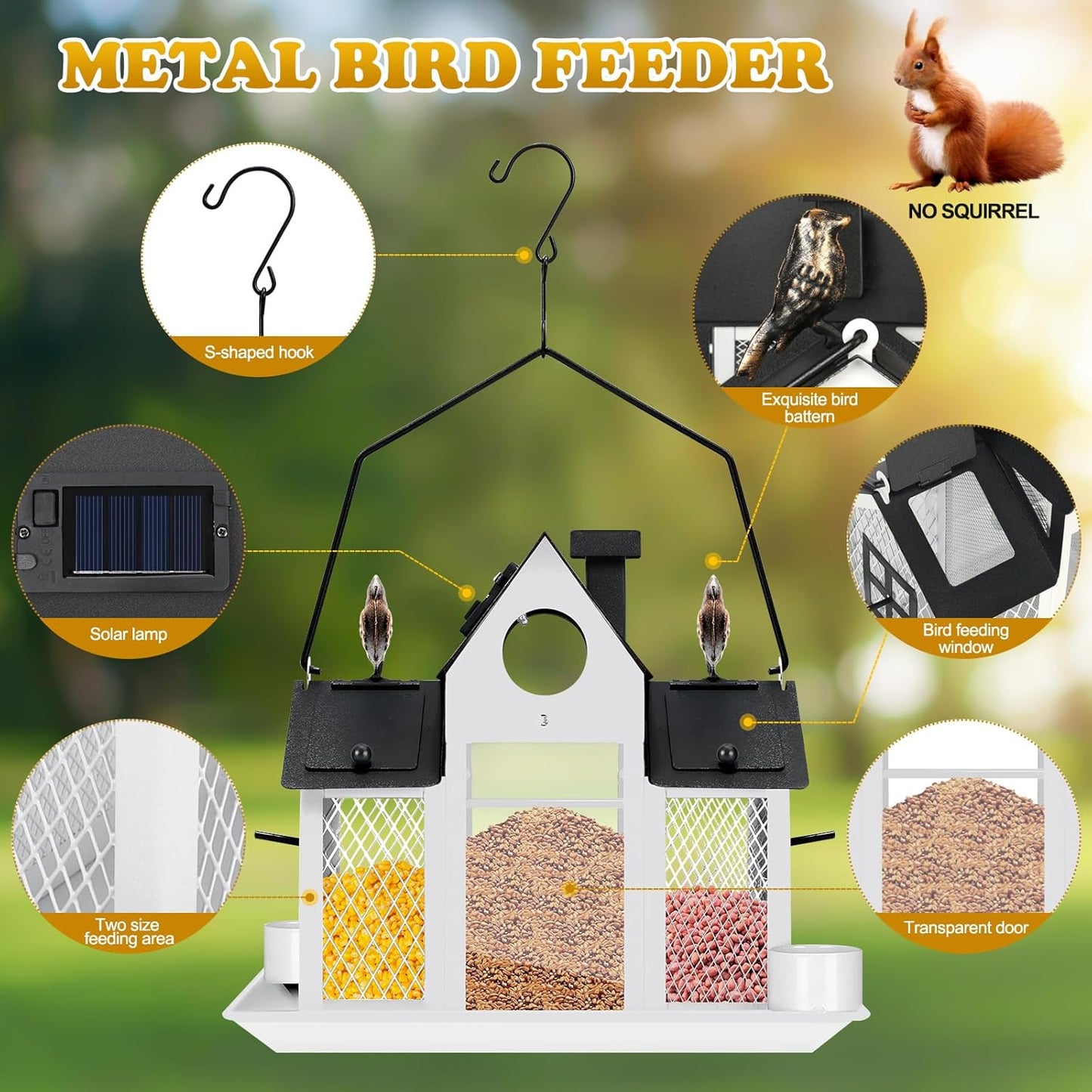 Solar Bird Feeders House Outside Hanging Metal Wild Bird Feeder Outdoors Large Cardinal Bird Feeder Birdhouses Squirrel Proof White