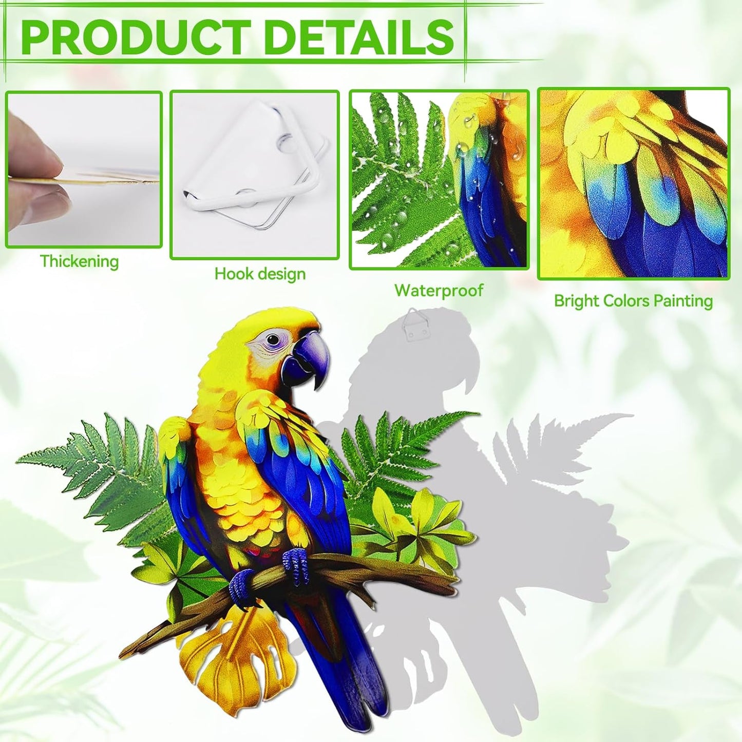 ULENDIS 2 Pack Metal Parrot Wall Decor, 11.8" Bright Color Tropical Bird Macaw Outdoor Wall Art Patio Fence Decorations, Hanging Bird Decor for Garden Yard Living Room Bedroom Balcony