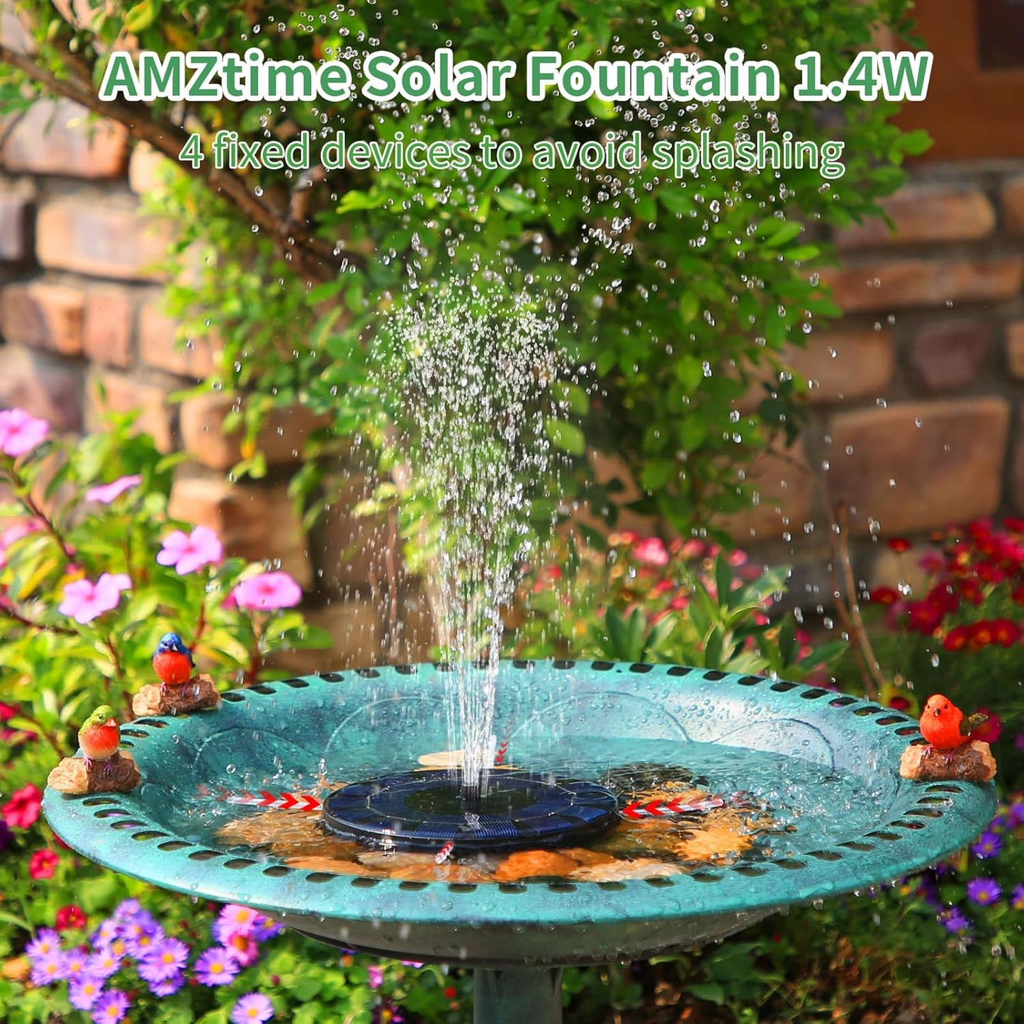 AMZtime 1.4W Solar Fountain with 4 Fixed Rods, 2025 Solar Fountain Pump with Upgraded Solar Panels, Solar Powered Floating Water Fountain Pump for Bird Bath, Garden, Ponds, Fish Tank and Outdoor