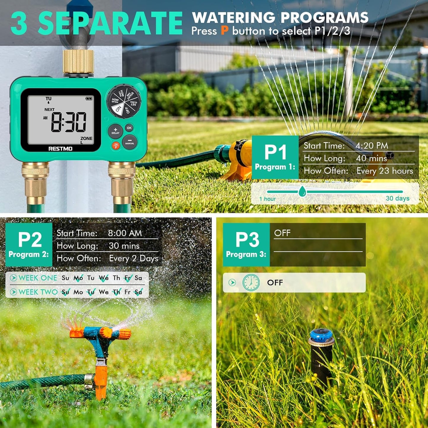 RESTMO Sprinkler Timer with Brass Inlet & Outlet, 3 Separate Programs Water Timer for Garden Hose, Manual/Rain Delay/Automatic Watering for Drip Irrigation and Lawn, 2 Outlet