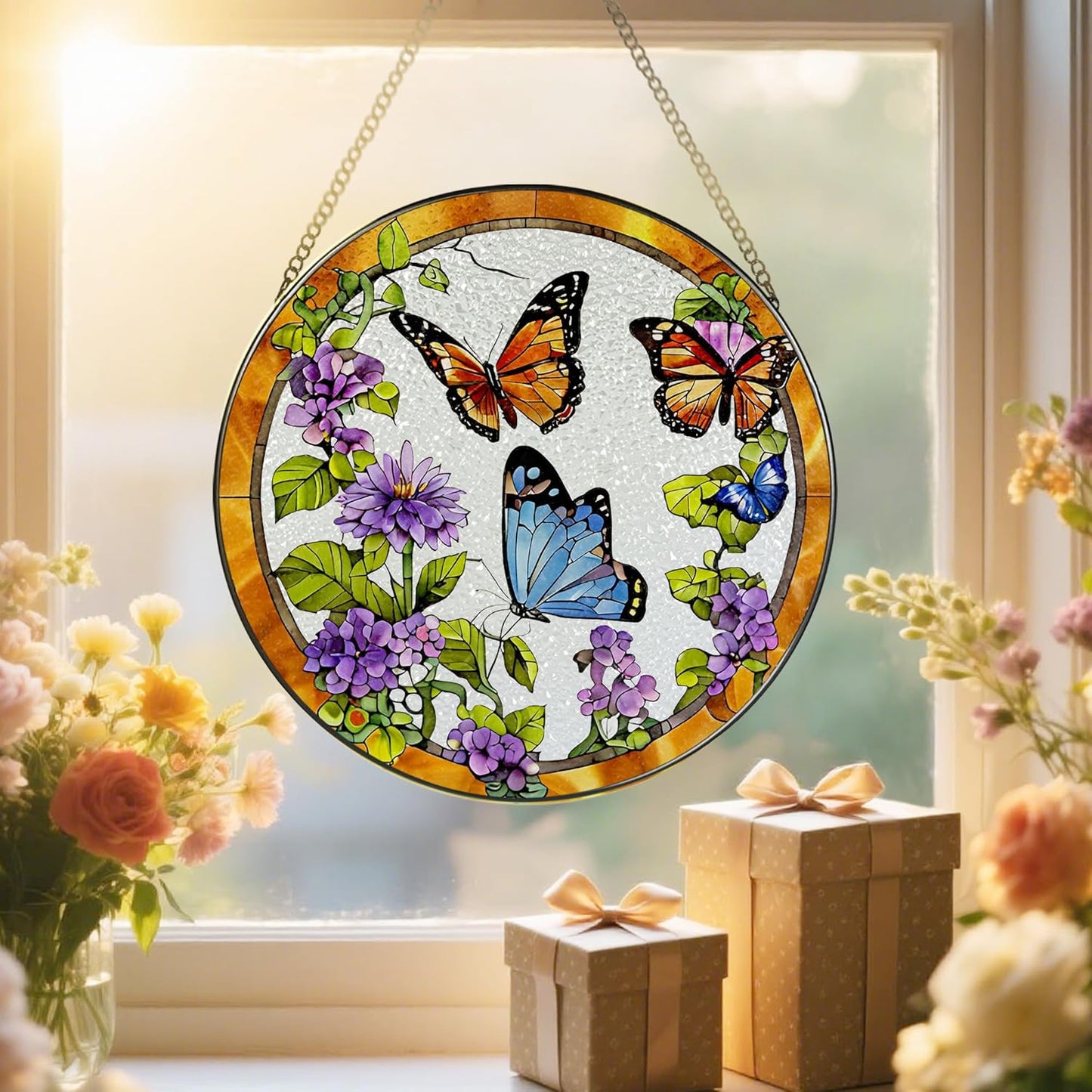 Stained Glass Window Hanging, 8 Inch Sun Catchers Indoor Window, Butterfly Suncatchers for Windows Doors Home Decoration and Christmas, Festival, Mother's Day, Birthday, Gifts for Women, Mom, Grandma