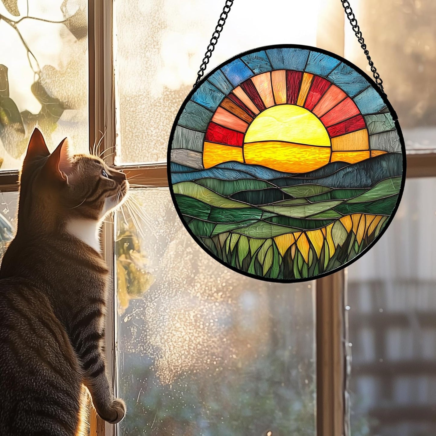 Stained Glass Window Hanging, Golden Red Sun Green Mountain Suncatcher for Window Home Decor Nature Landscape Sun Catcher Mother's Day Birthday Gifts for Women Men Mom Nana 6.3 in