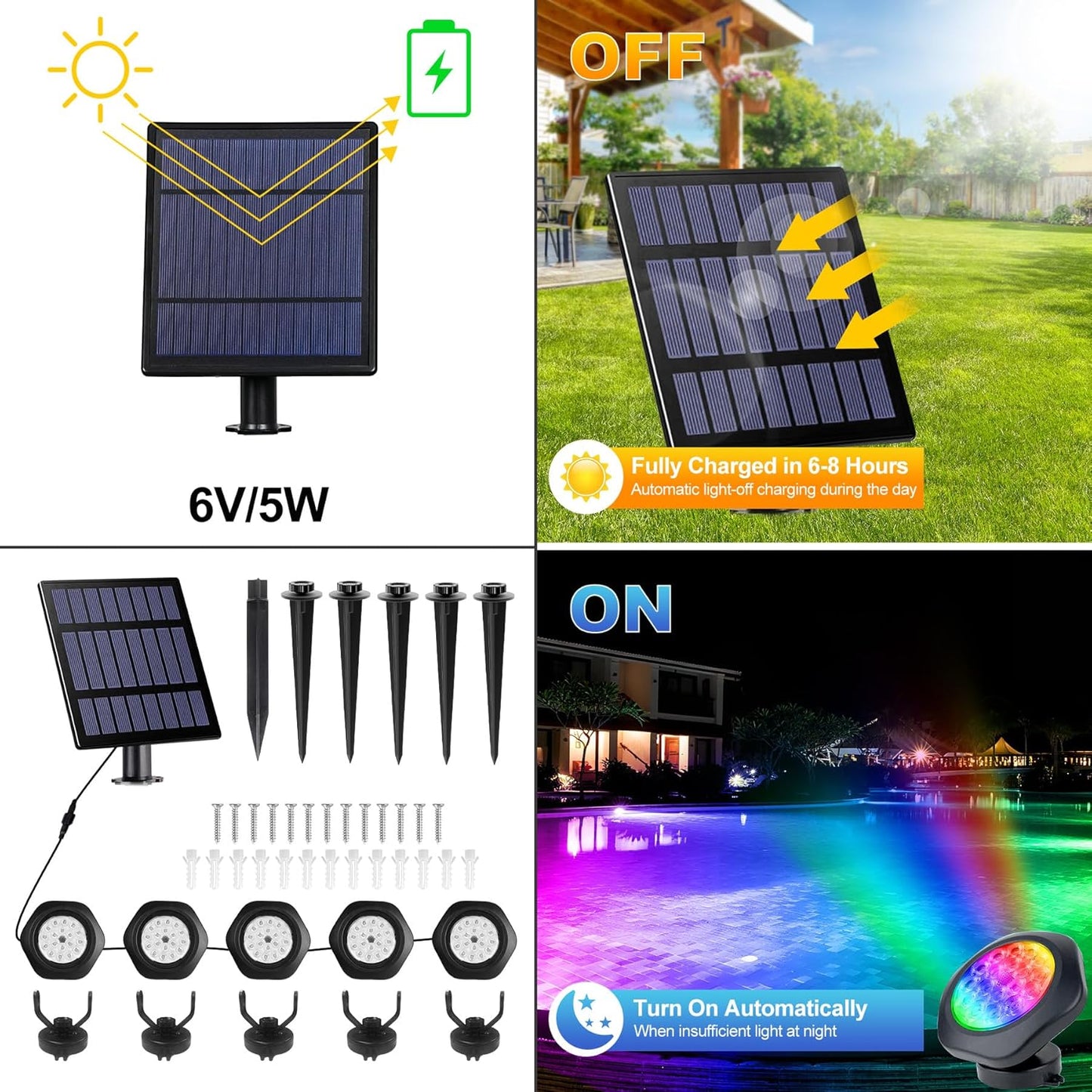 Solar Pond Lights, 18 LED Super Bright RGB LED Underwater Spotlights Color Changing Submersible Pond Light IP68 Waterproof Fountain Lights for Fish Aquarium Tank Garden Yard Pool (5-in-1)