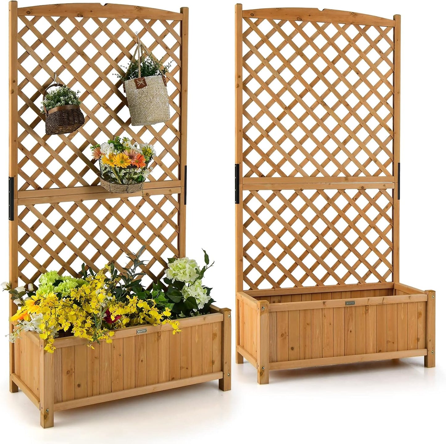 Giantex 2 Pcs Planter Raised Bed with Trellis, 71" Wooden Garden Bed, High Trellis for Plant Flower Climbing Pot Hanging, Indoor & Outdoor Planter Box for Yard, Garden, Balcony