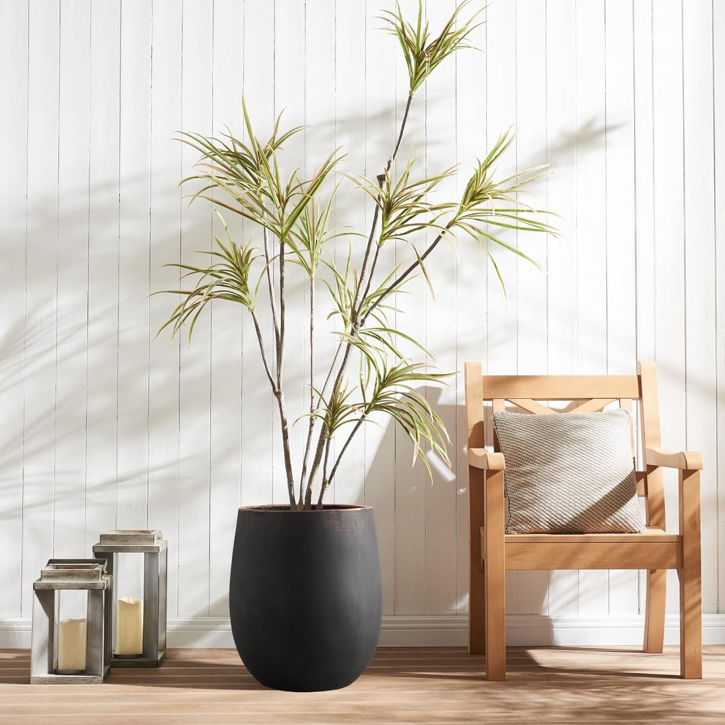 13.3" Dia x 15.3" H Concrete Planter, Outdoor Planter, Black with Gold Rim, Flower Pot with Drainage Hole and Silicone Plug, Plant Container for Garden, Patio, Home, Office, 1 Pack