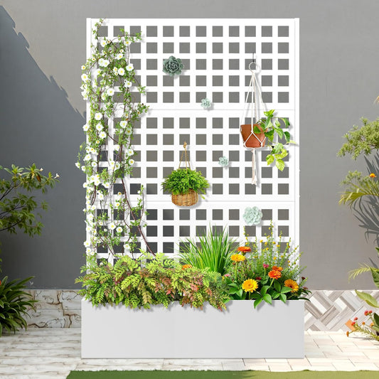FENCY Metal Raised Garden Bed with Trellis, Metal Planter Box with Trellis, Garden Box for Climbing Plants Vegetable, 47''Lx16''Wx71''H Garden Bed with Drainage Holes(White)