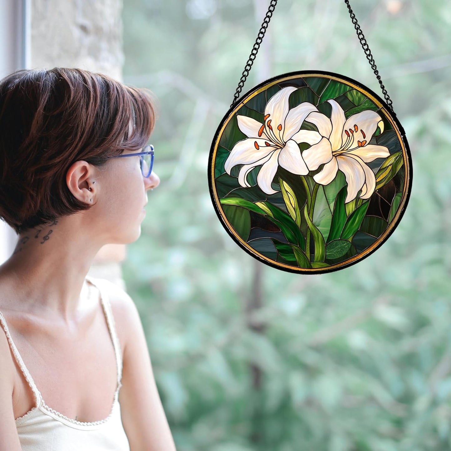Stained Glass Window Hanging, White Lily Suncatcher for Door Garden Patio Birth Flower Green Plant Sun Catchers Decor Christmas Mother's Day Birthday Gifts for Women Mom Nana Friend 9.8 in
