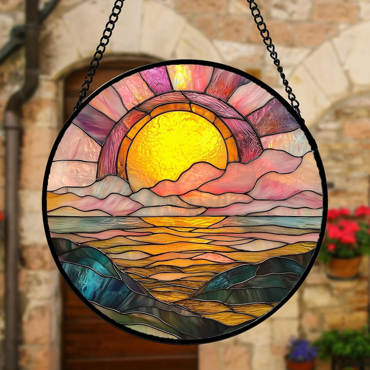 Stained Glass Window Hanging, Sunrise Over The Sea Suncatcher Diamond Glass Panel Hangings Abstract Sun Catchers Decor for Birthday for Women, Men, Wife, Aunt, and Mom 6.3 in
