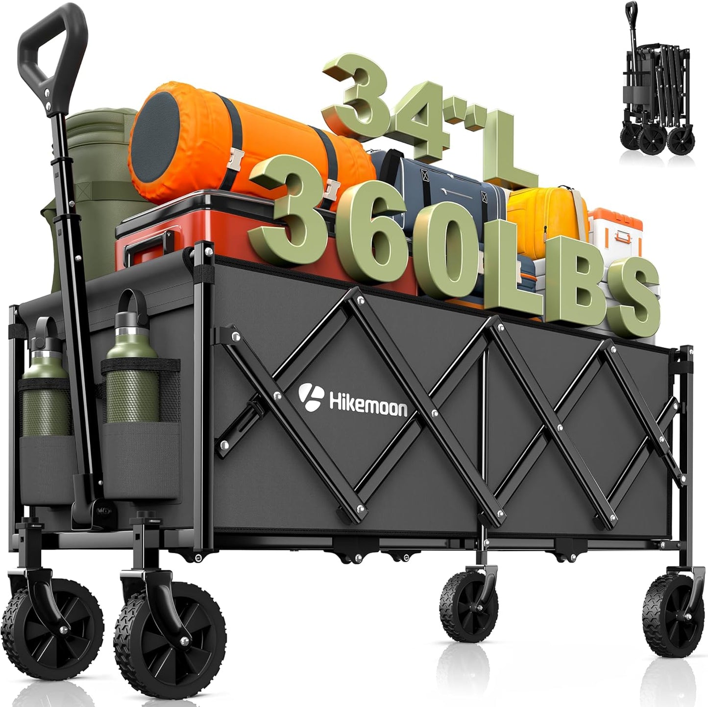 34'' Extra Long Collapsible Wagons Carts Foldable, 360LBS Heavy Duty Folding Beach Wagon with Wheels, Portable Utility Outdoor Cart for Grocery, Garden, Sports, Camping, Grey