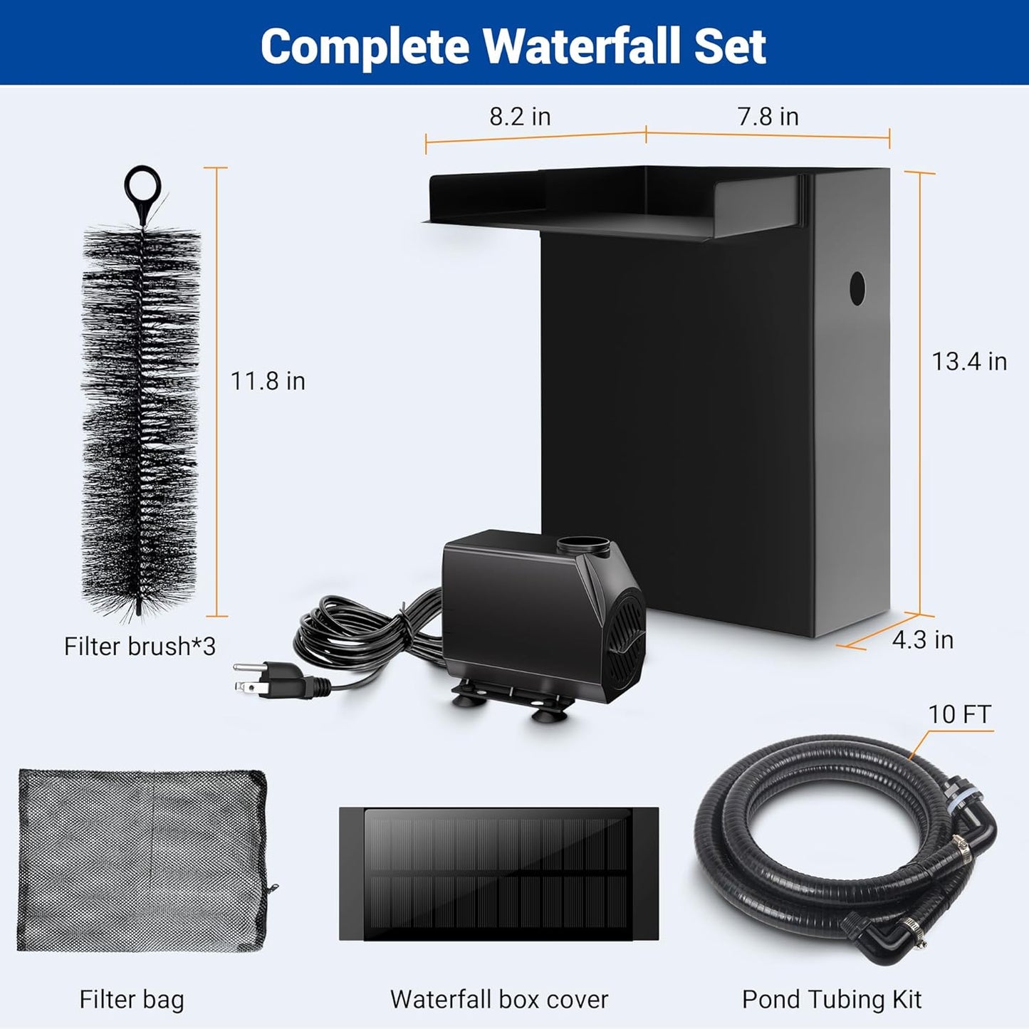 NFESOLAR Pond Waterfall Spillway Kit, Includes Large 7.8" W 13.4" H Stainless Waterfall Box, 660GPH Water Pump, Blue LED Lights for Garden Outdoor Pond 500-1500 Gallons N4213