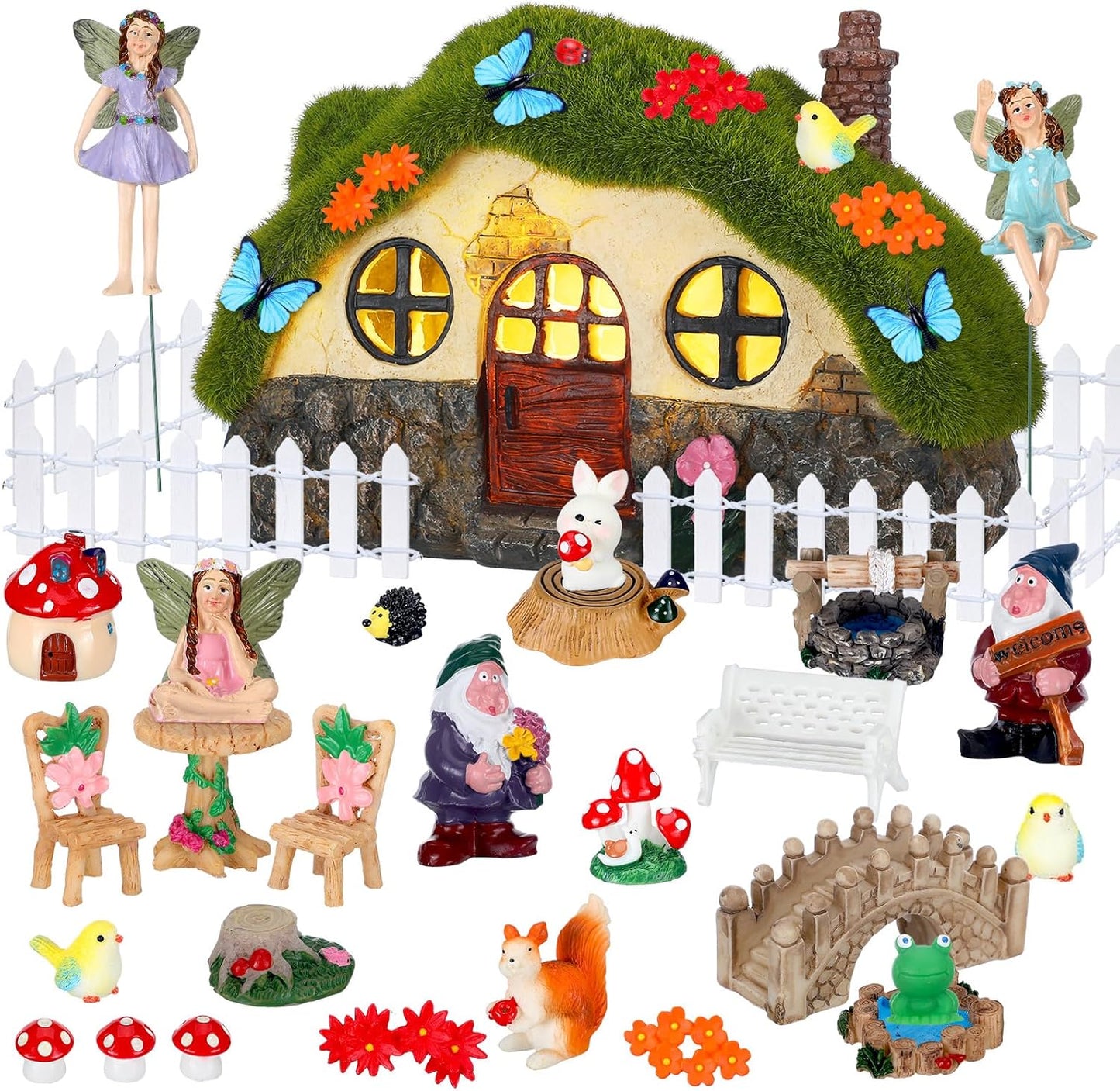 Suzile 50 Pcs Solar Fairy House Garden Accessories Light up Flocked Fairy House Garden Kit Green Resin Miniature Mushroom Figures Micro Landscape Ornament(Stone House)