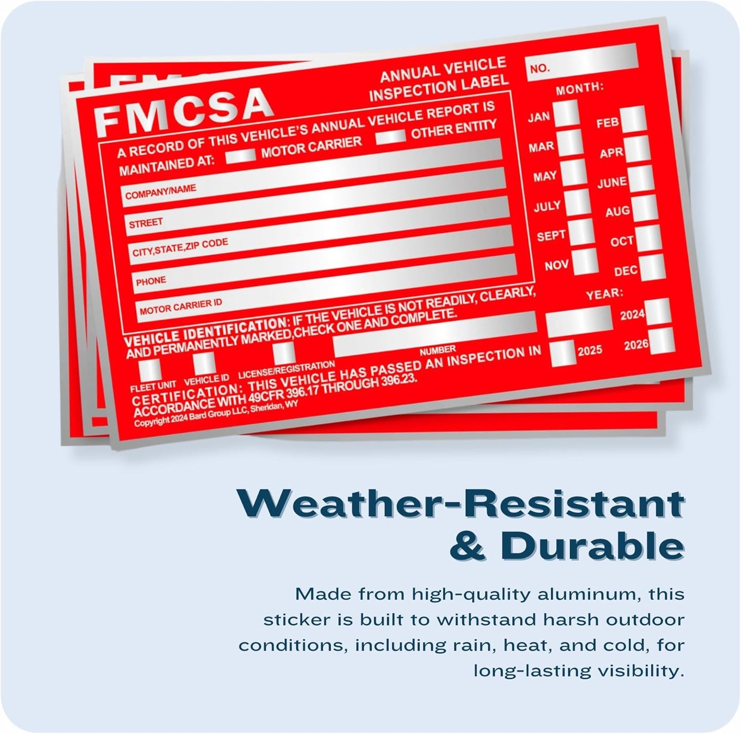 40-Pack DOT Compliant Aluminum Annual Vehicle Inspection Label – Red FMCSA Label with Punch Boxes