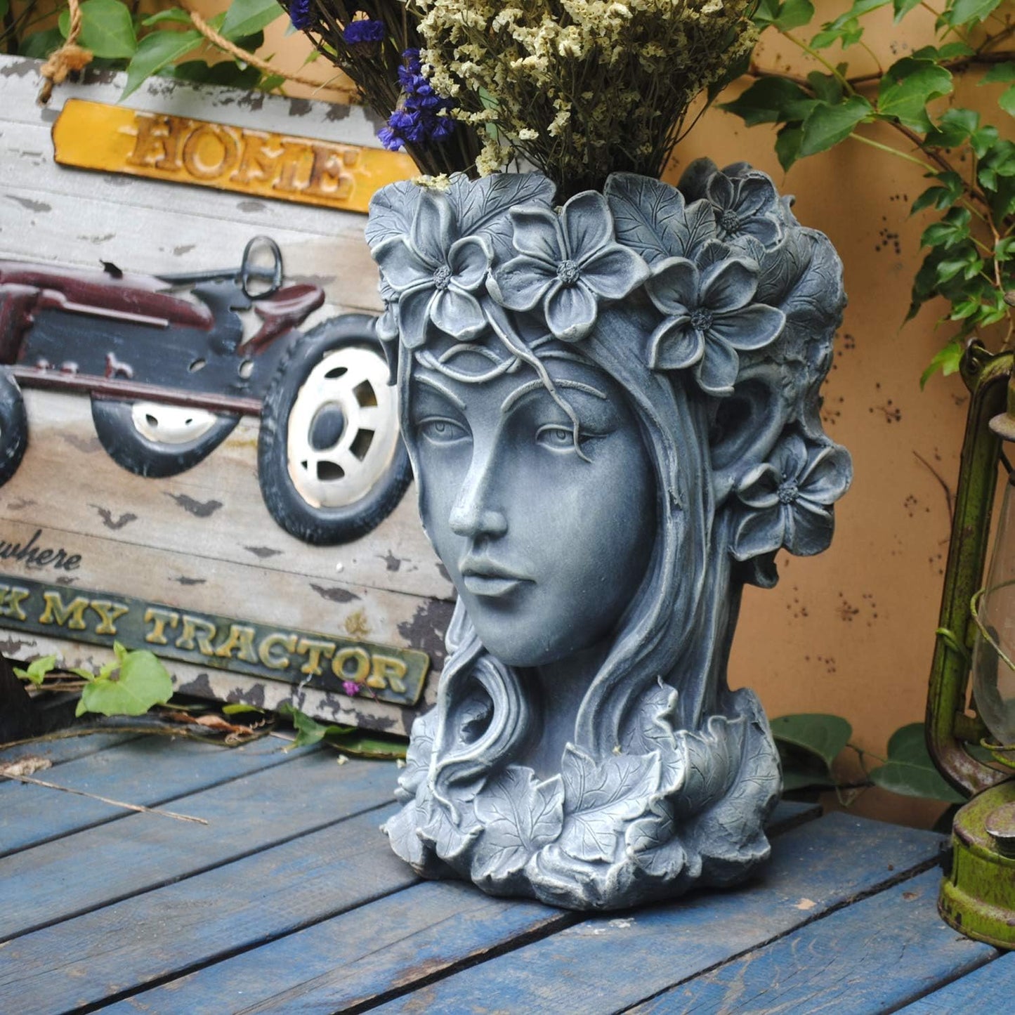 Sungmor Creative Goddess Head Planter Statue for Garden Ornaments | 9×9×14 Inch Premium Resin | Cool Face Large Diameter Flower Pot for Patio Lawn Garden Yard Decor